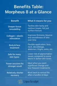 How Often Can I have Morpheus 8? 3 Table showing the benefits of Morpheus 8 treatment from Lipo Sculpt Barton-le-Clay